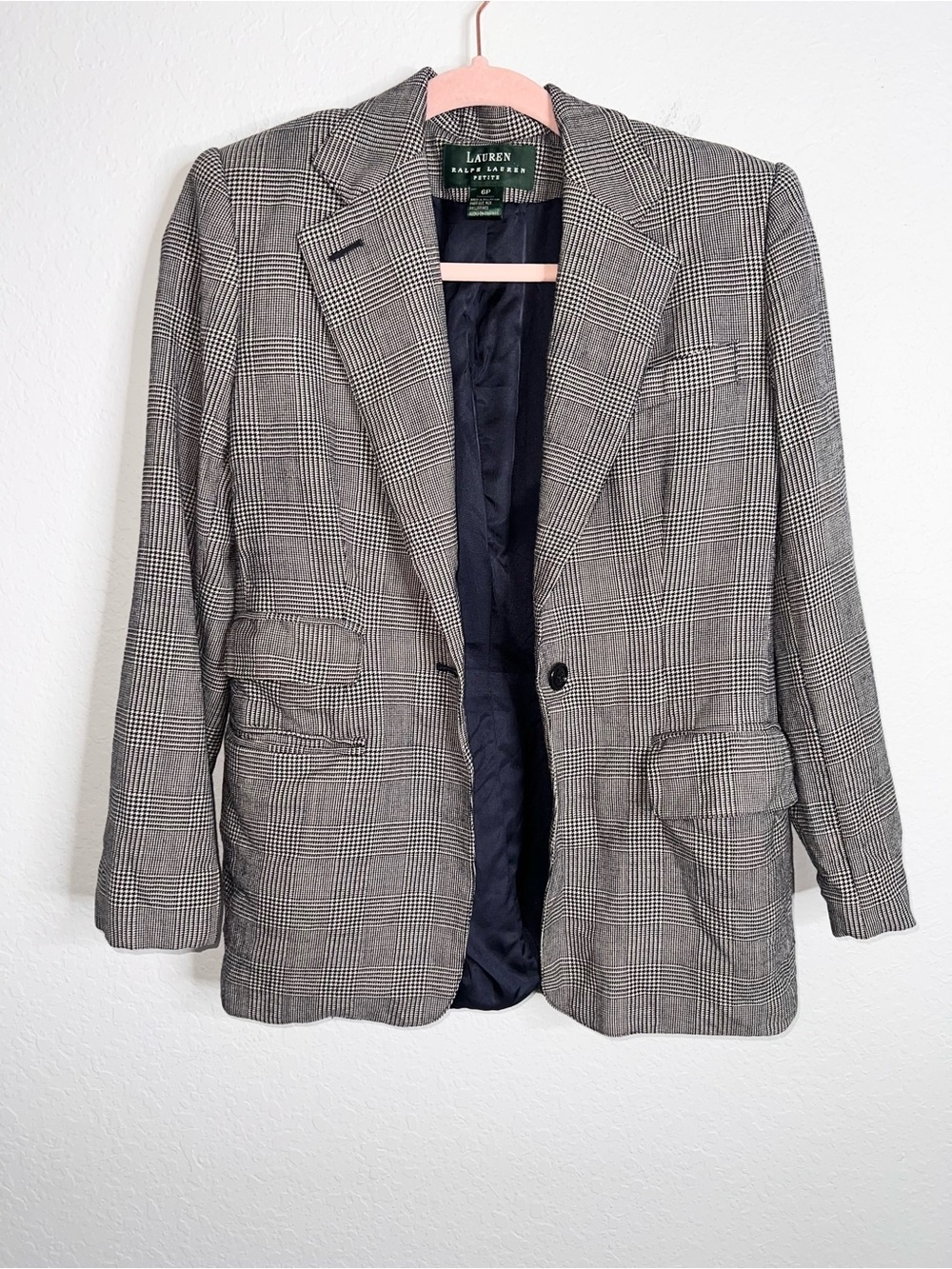 Lauren Ralph Lauren Plaid Blazer Women’s Size 6 P Check Wool Silk Black White C2